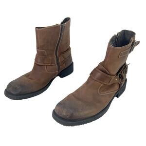 Natha Men's Brown Side Zip Harness Strap Leather Biker Boots Size 10D
